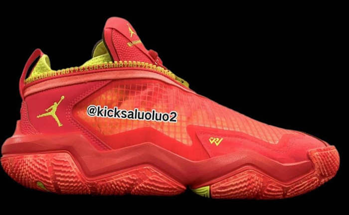 Red and yellow Jordan shoe.